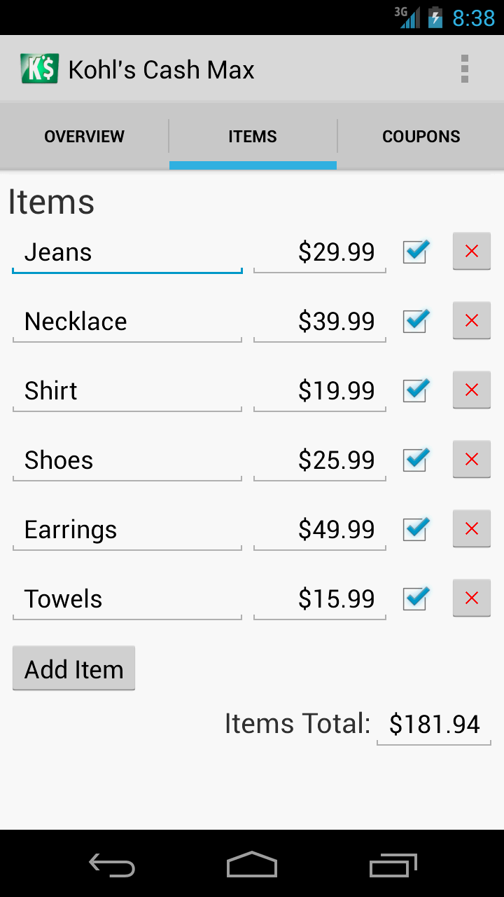 Kohl's Cash Max App - Items